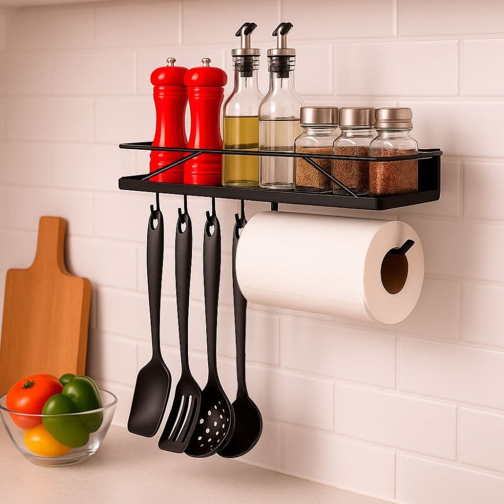 Suporte de Cozinha Com Ganchos Porta Temperos Conchas Papel Toalha