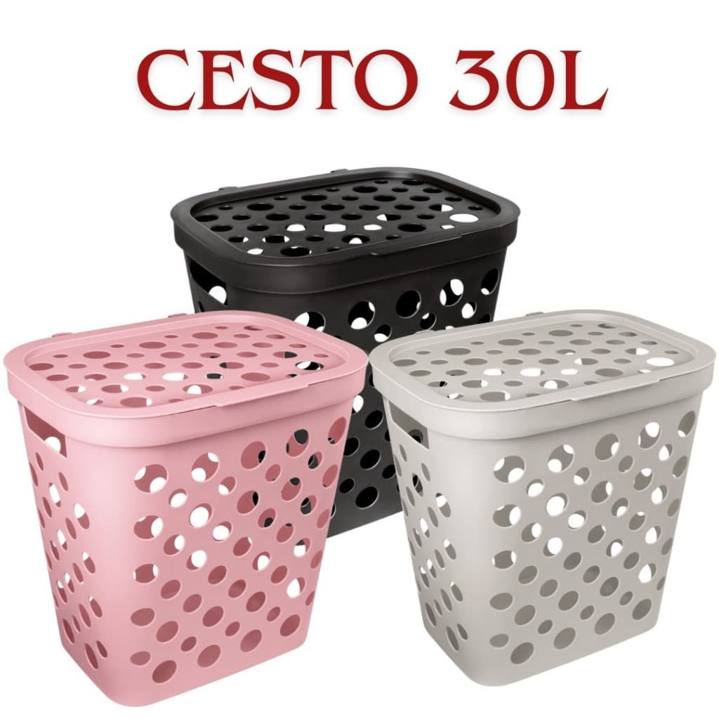 Cesto Telado 30 Litros com Tampa e Alça Cesto de Roupa Suja Banheiro Lavanderia - Usual Utilidades