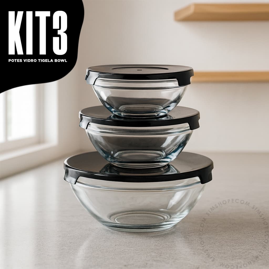 Kit 3 Potes Vidro Tigela Bowl Marmita Organizadores Com Tampa Redondo