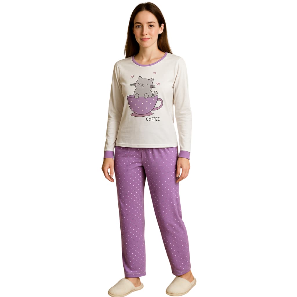 Pijama Feminino Com Estampa Manga Longa Confortável Básico Meia Estação