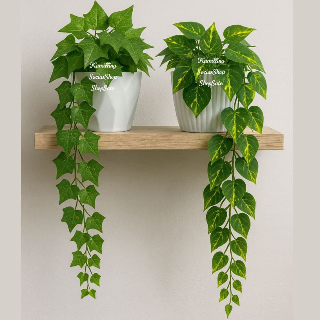 Arranjo Completo Vaso De Plástico Branco + Pendente Semelhante Ao Natural Folhagem Artificial