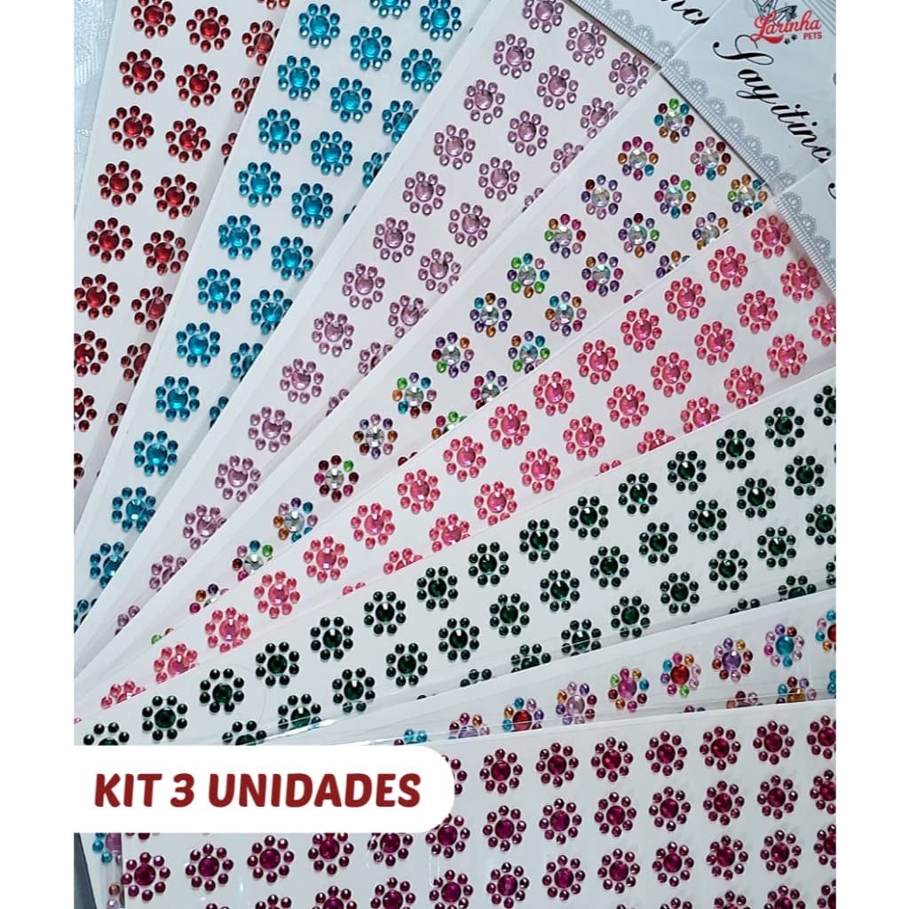 Cartelas de Brilho Adesivo Strass - 3 Unidades com 96 adesivos - Cores sortidas