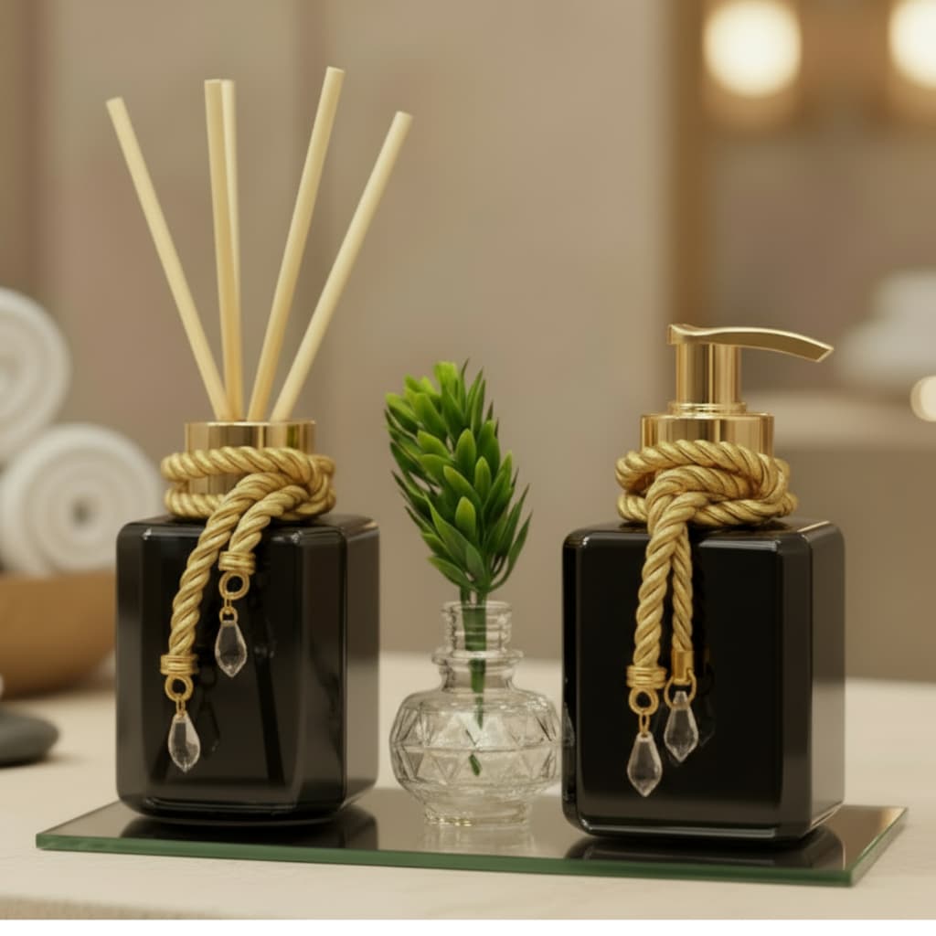 Kit  Banheiro Lavabo Completo Aromatizador de Ambiente e Sabonete Líquido (300 ml) Com Bandeja Luxo