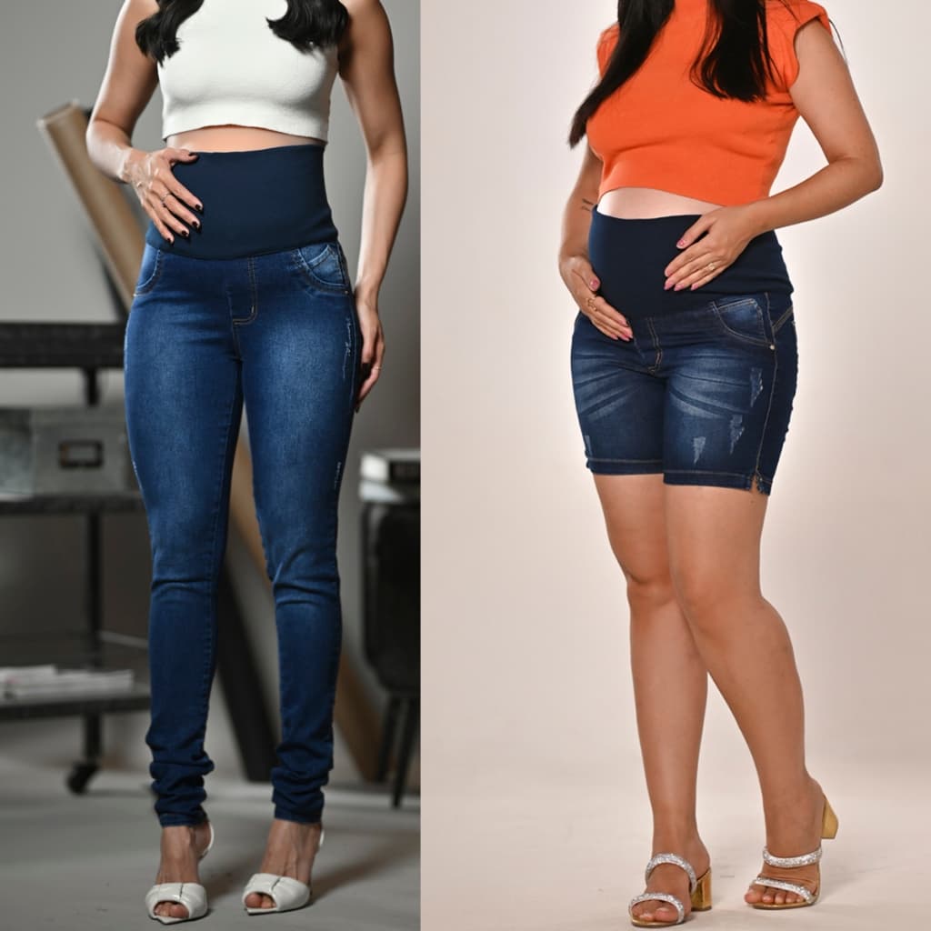Kit Calça + Short Para Grávida Veste a gestação toda cós Adaptável c/Lycra