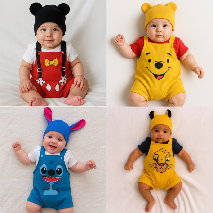 Jardineira Bebê Kit 3 Peças Temático Mesversário 100% Algodão