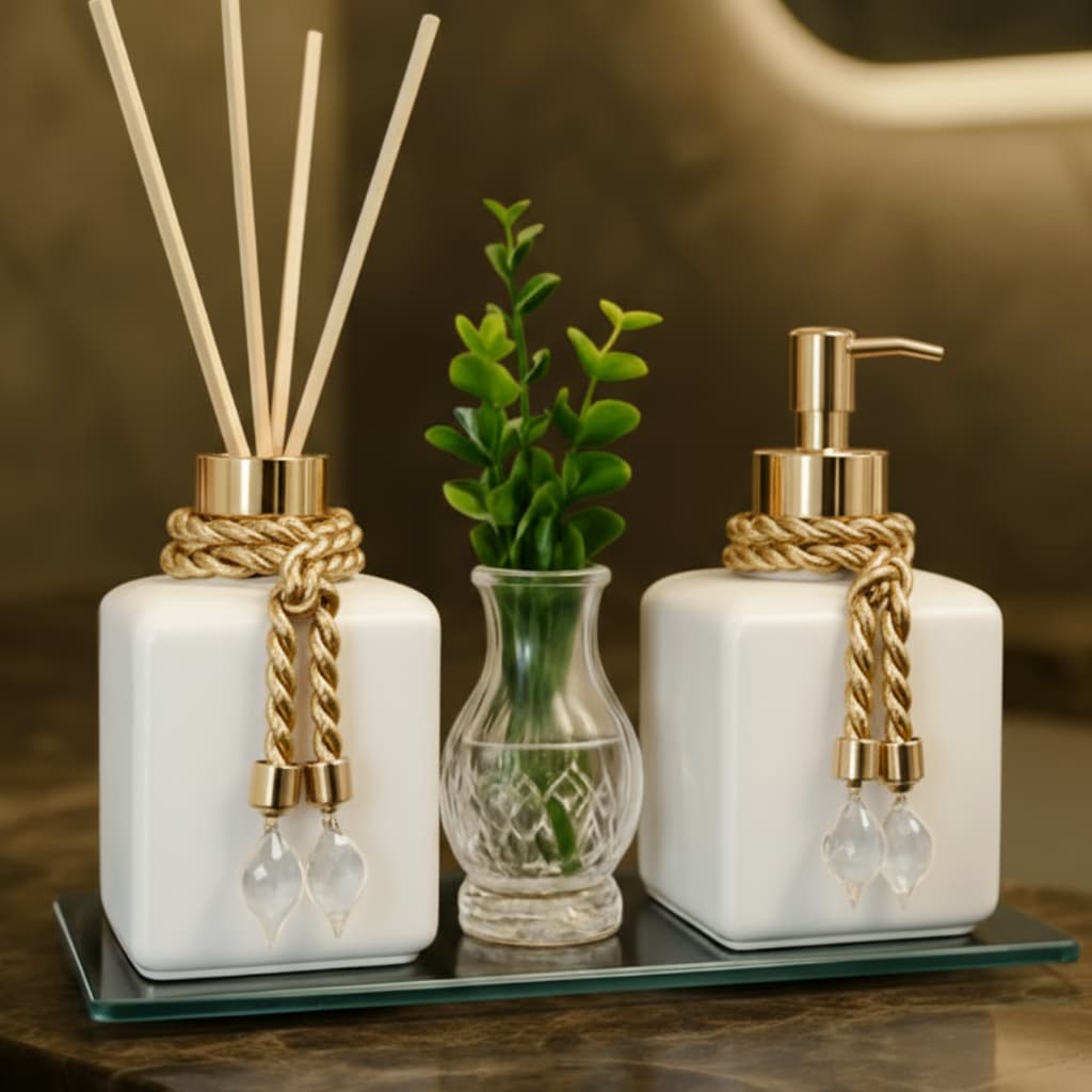 Kit  Lavabo Banheiro Frasco Cubo Aromatizador e Saboneteira 300ml Com Bandeja e Vaso Planta Decor