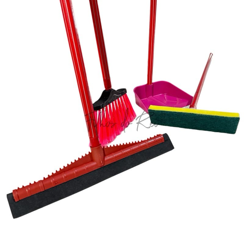 kit Vassoura, Rodo Grande Duplo, Pa de lixo e Lava Azulejo