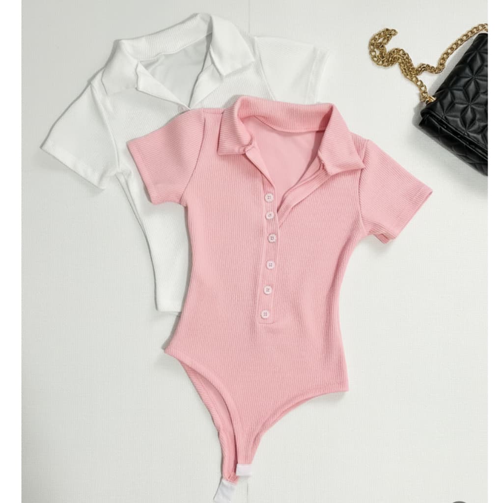 Body Feminina Polo Com Botão Manga Curta Decotado Canelado Confortavel Estiloso