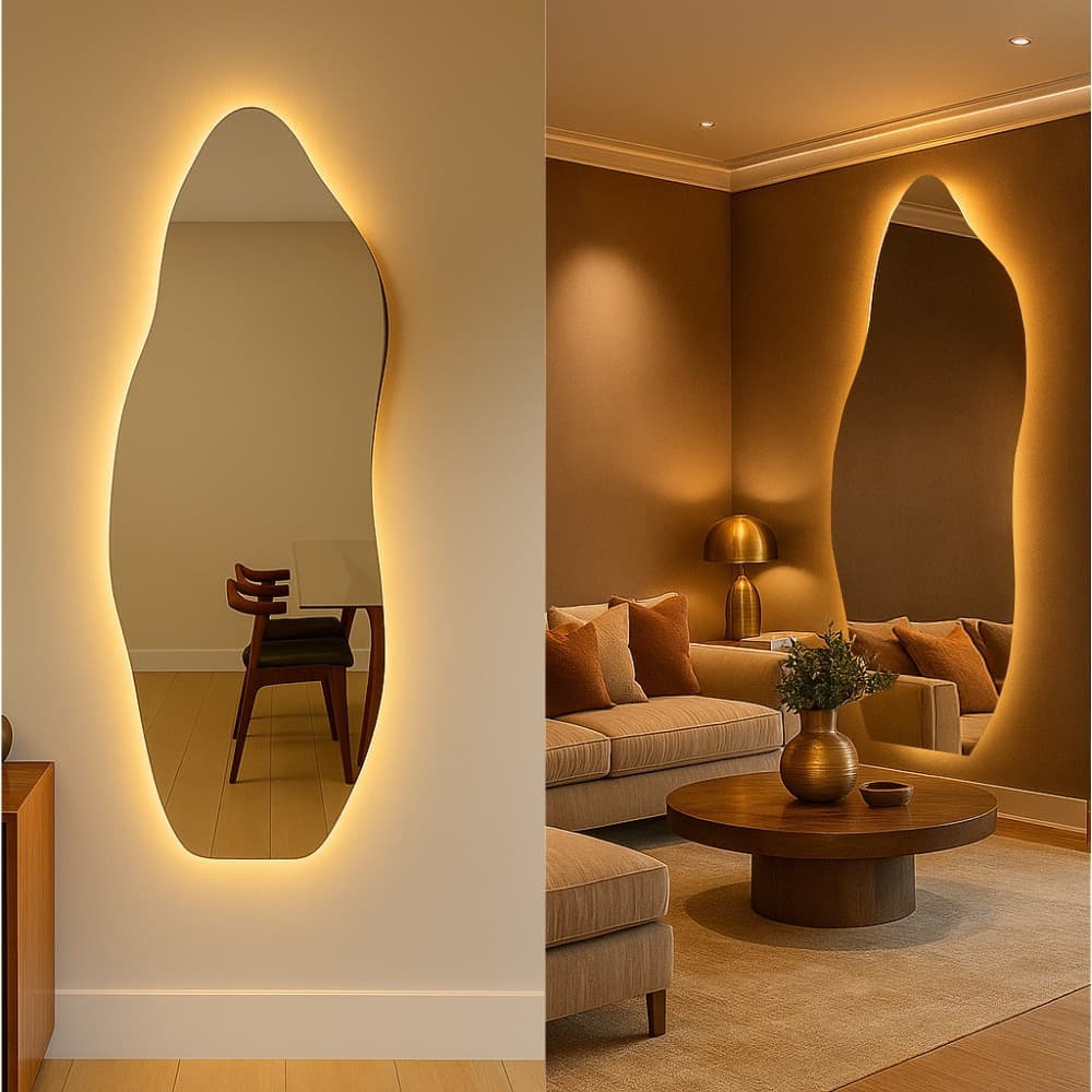 Espelho Grande Orgânico Flame Led Quente 3000K Neutro 4000k Frio 6000k Sem Moldura Corpo Inteiro Banheiro Hall Bivolt