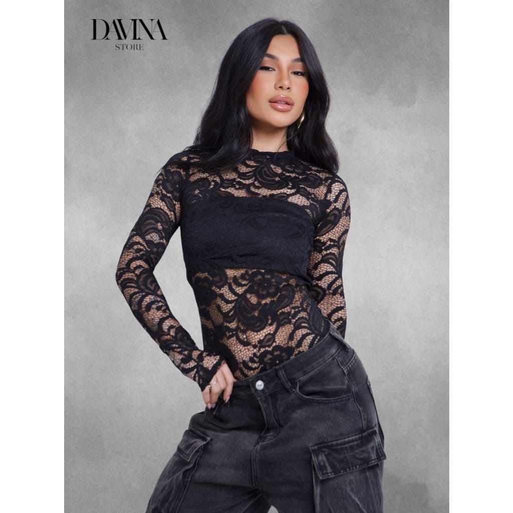 Body Feminino Manga Longa Renda Transparente Sexy Inverno Festa Look Noite