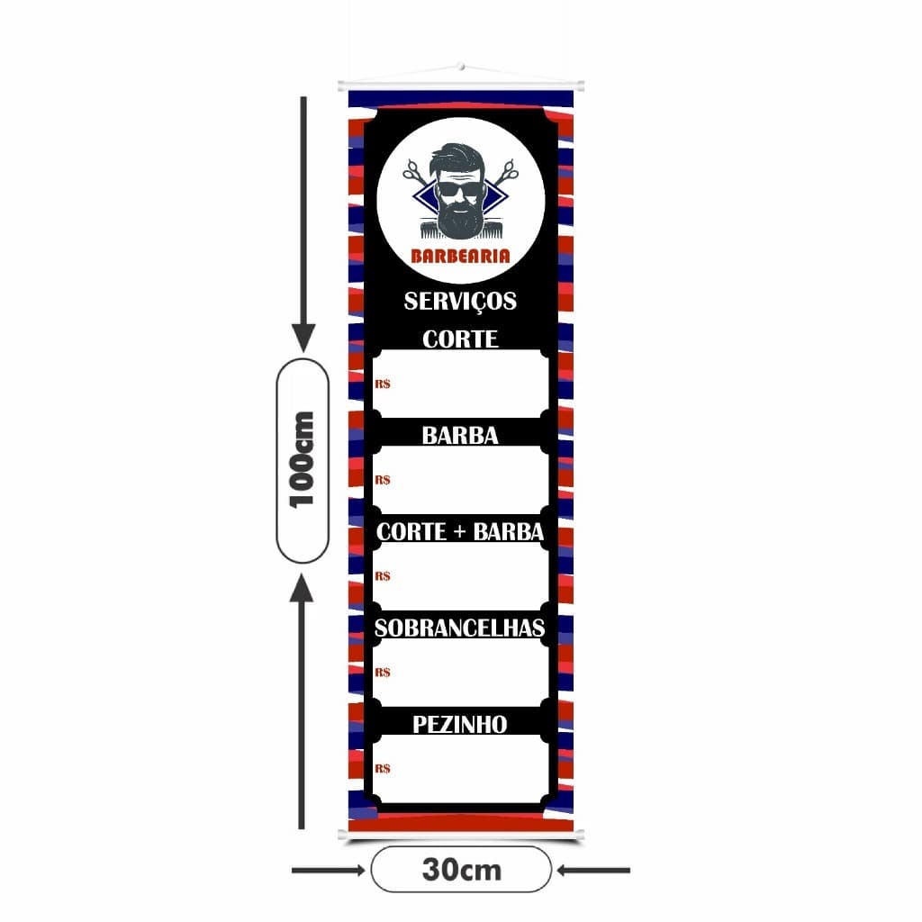 Banner Barbearia em Lona 1.00x30cm – Faixa Decorativa com Serviços e Preços