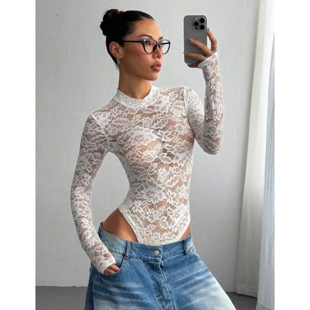 Body Feminino Manga Longa Renda Transparente Sexy Inverno Festa Look Noite