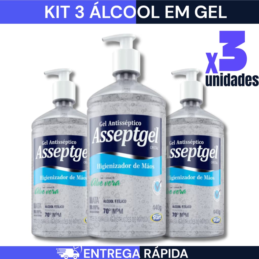 KIT 3/2/1 Álcool em Gel Antisseptico Asseptgel 420g Cristal Hidratante Aloe Vera Válvula Pump