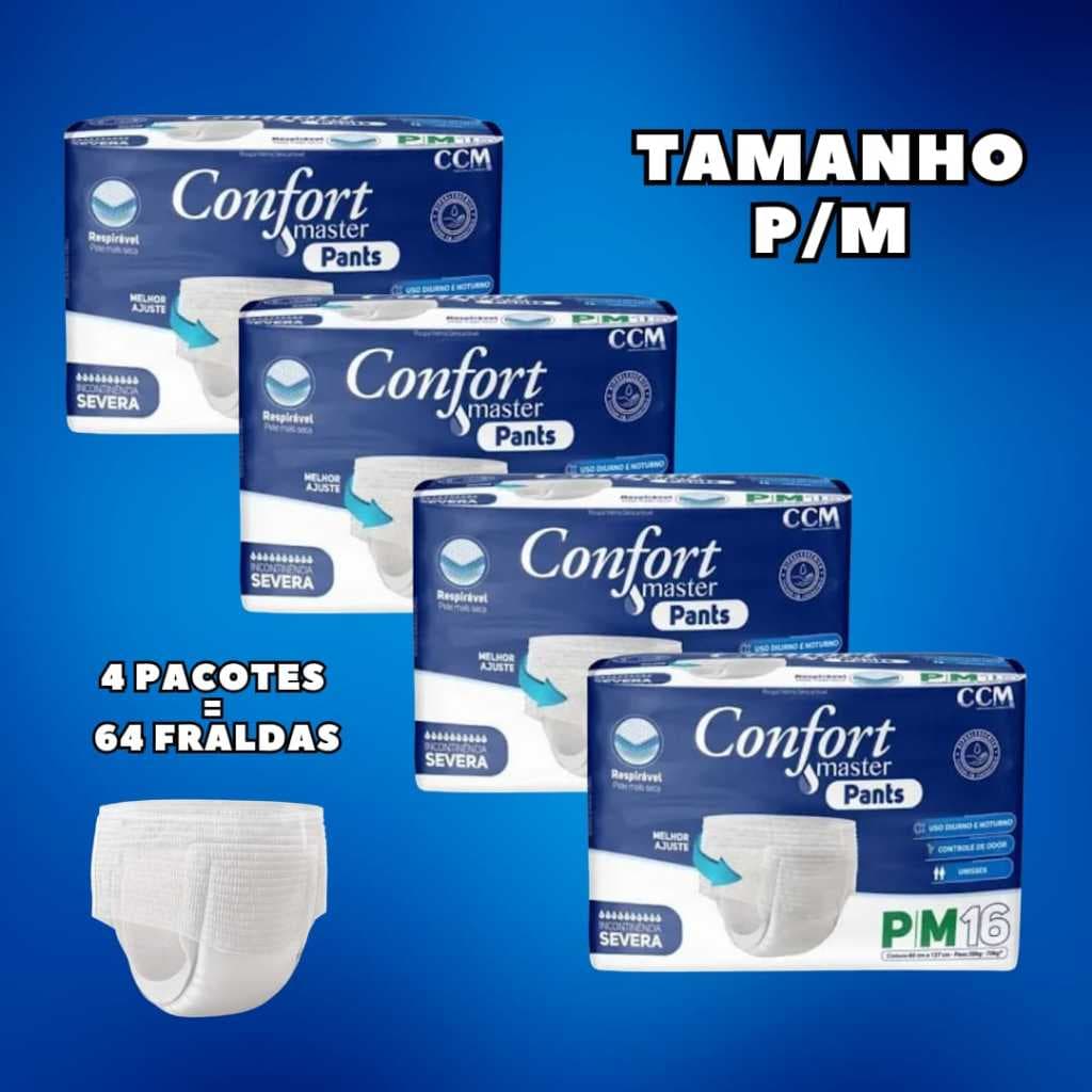 Kit 4 Fralda Calça Geriátrica Pós Parto Confort Master Pants P/M - Total 64 Fraldas