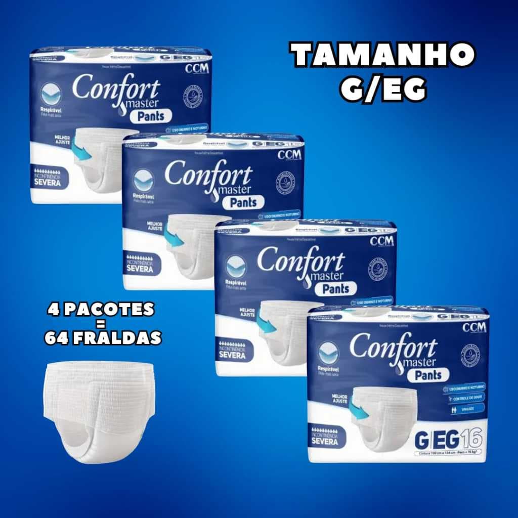 Kit 4 Fralda Calça Geriátrica Pós Parto Confort Master Pants G/EG - Total 64 Fraldas