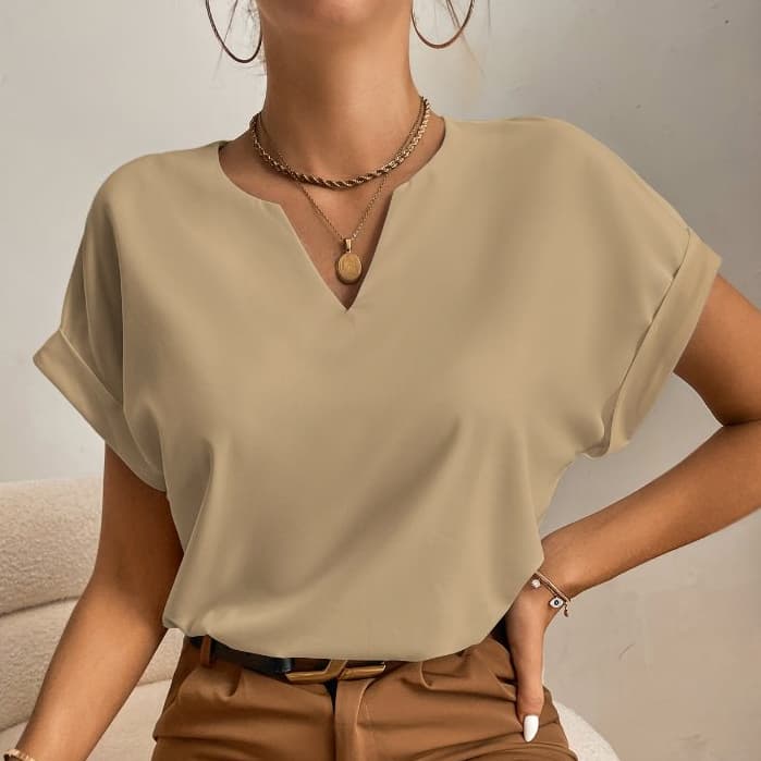 Feminina Blusa Popover com Pescoço Entalhado e Mangas Morcego Blusas de Manga Curta Top