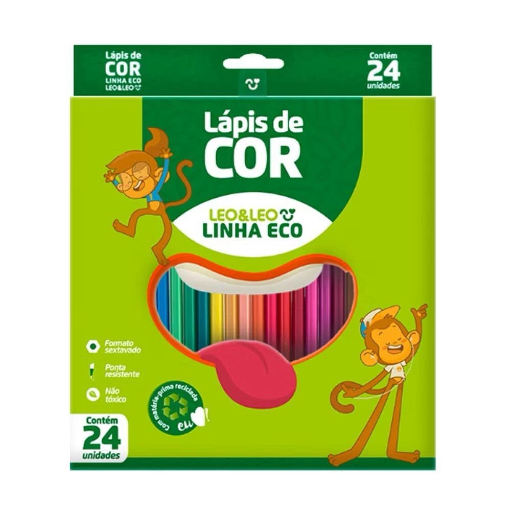 Lápis de Cor Caixa com 24 Cores Eco Escolar Sextavado Para Colorir Leo&Leo
