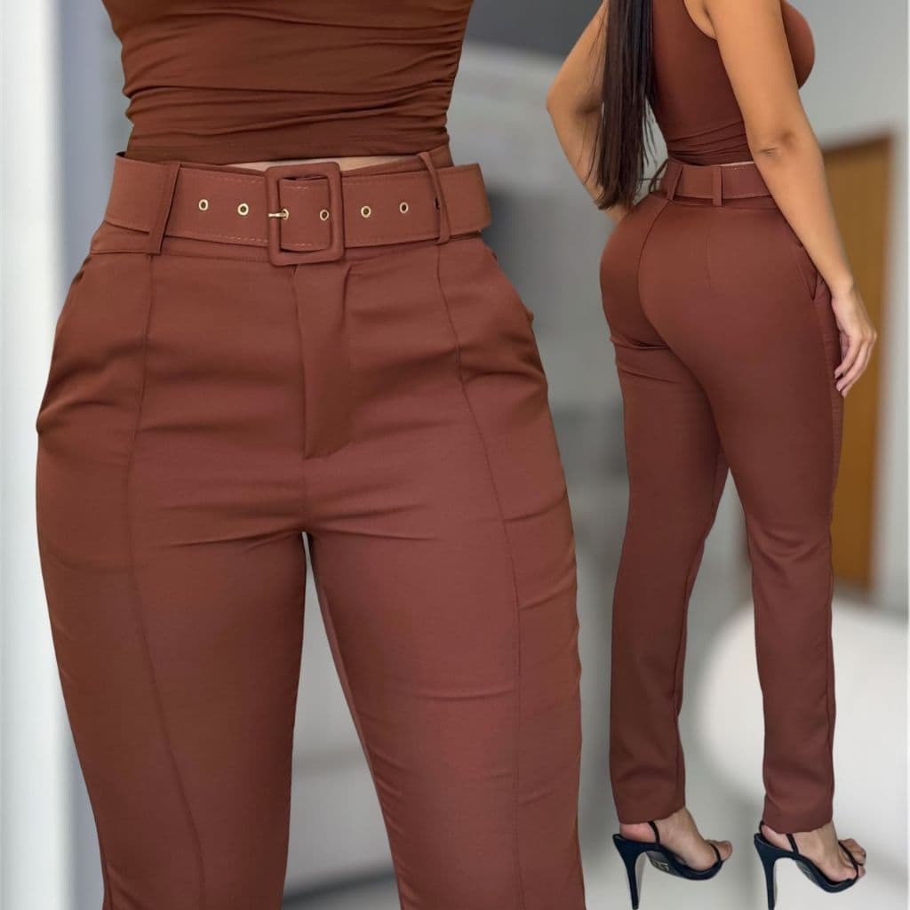 Calça Feminina Alfaiataria Social Com Cinto Casual Elegante Cintura Alta Com Zíper e Bolsos