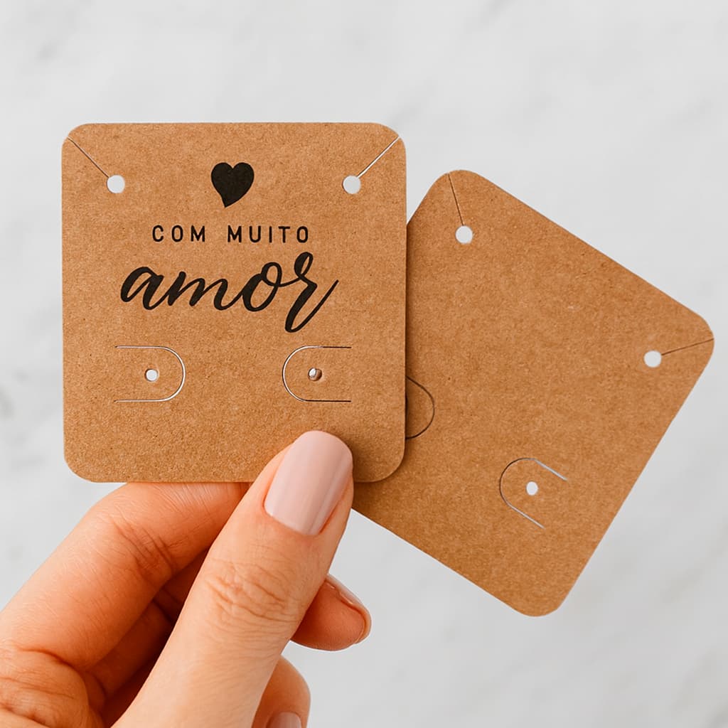Tag para brinco joias "Com muito Amor" 1 Par de Brinco - Papel Kraft Ecológico - Tamanho 4,5x5cm