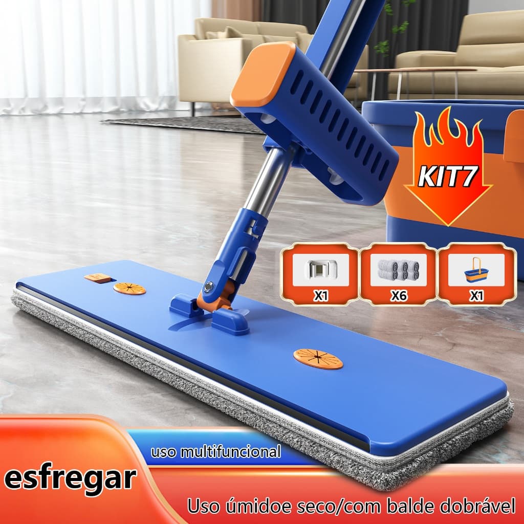 Kit 9 Esfregão Preguiçoso - Seco/Úmido, Dobrável c/ Balde Raspador (Sem Enxágue) - S10