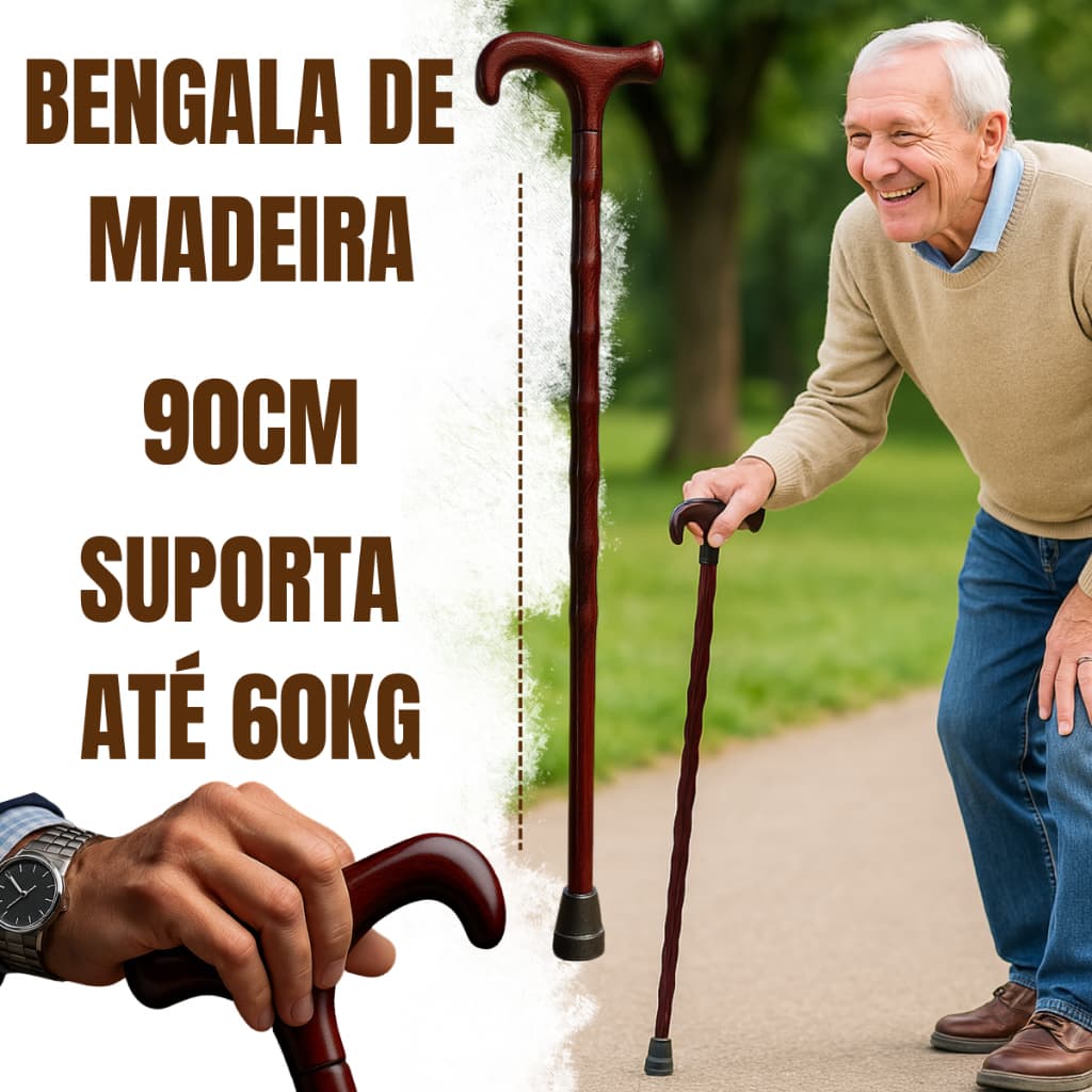Bengala de madeira 90CM para idoso apoio velho idade senhora senhor 60KG muleta ortopédico resistente marrom