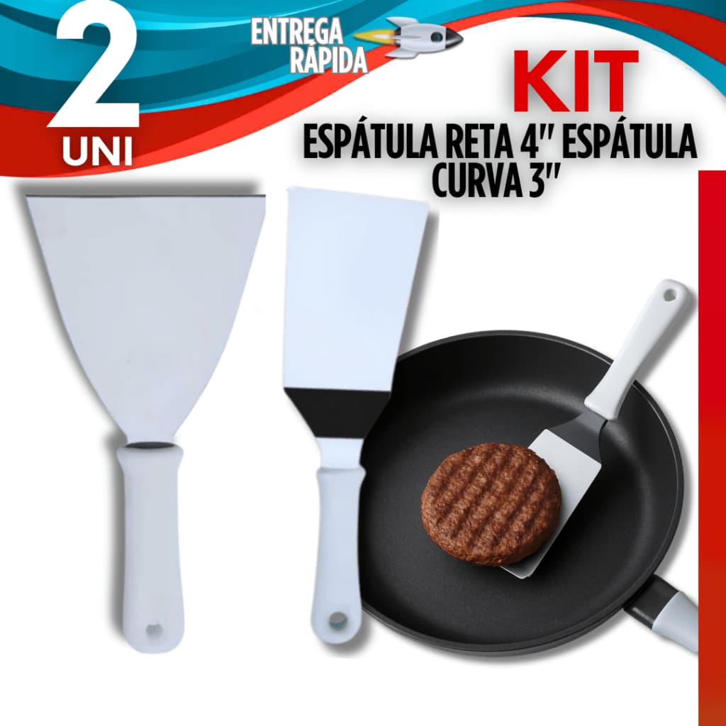 1 Espátula Reta 4 Polegadas + 1 Espátula Curva 3" Inox com Cabo Branco Espátulas Chapeiro Lanchonete
