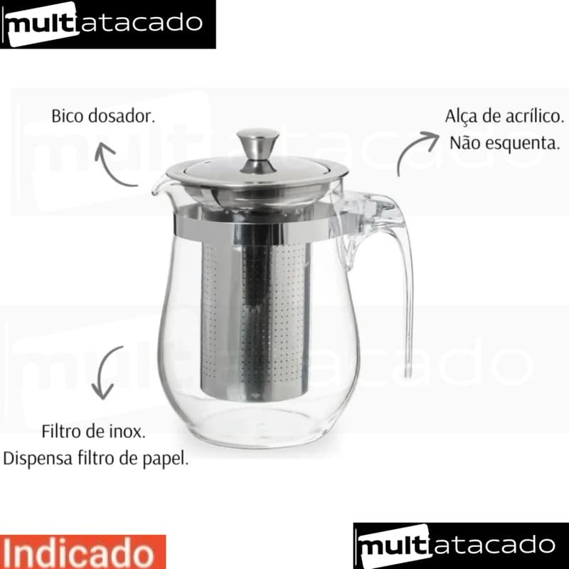 Chaleira Bule Vidro Inox Com Infusor Chá 500  ML  Chaleira de Vidro para Chá Com Infusor chá