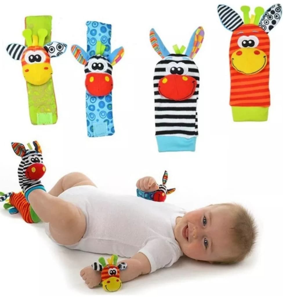 Kit Meias E Pulseiras 4 Peças Chocalho Sensorial Bebê Infantil