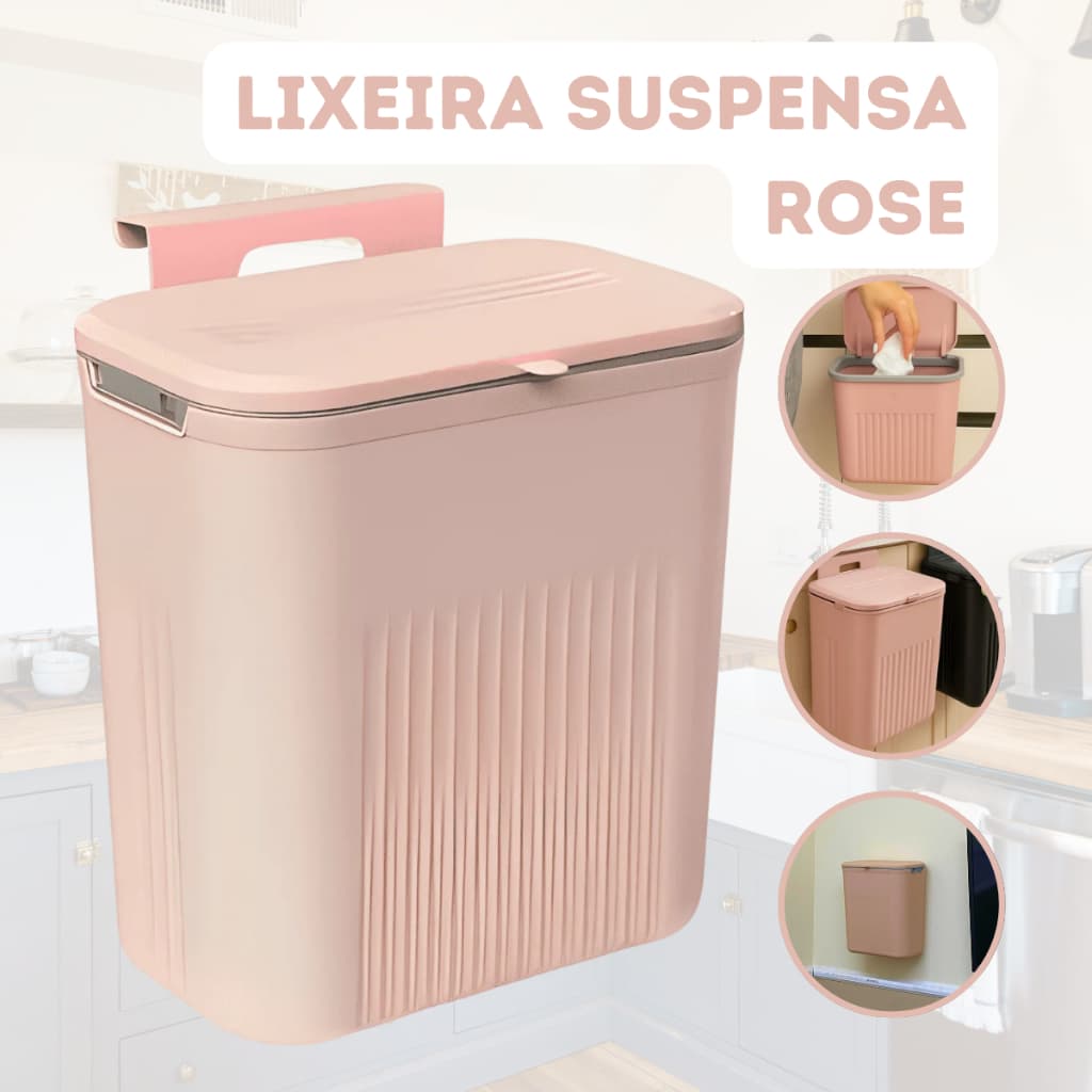 Lixeira Suspensa Com Suporte De Pendurar Cozinha 9 Litros Cor Rose e Cor Preta Lixeira Moderna