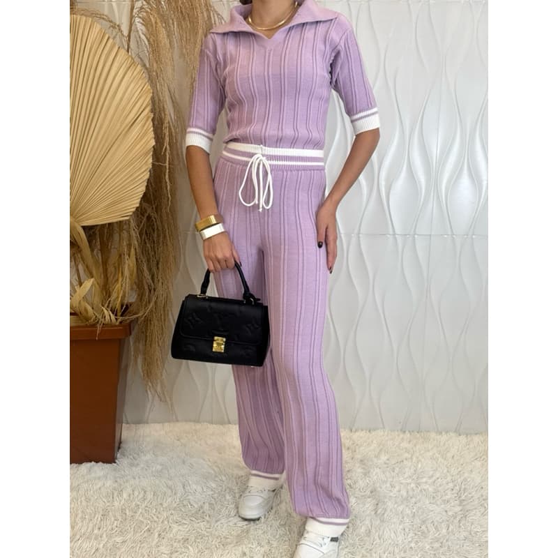 Conjunto Feminino Tricot Modal Blusa Gola Polo Calça Wide Leg com Cordão Detalhes em Listras Aerolook