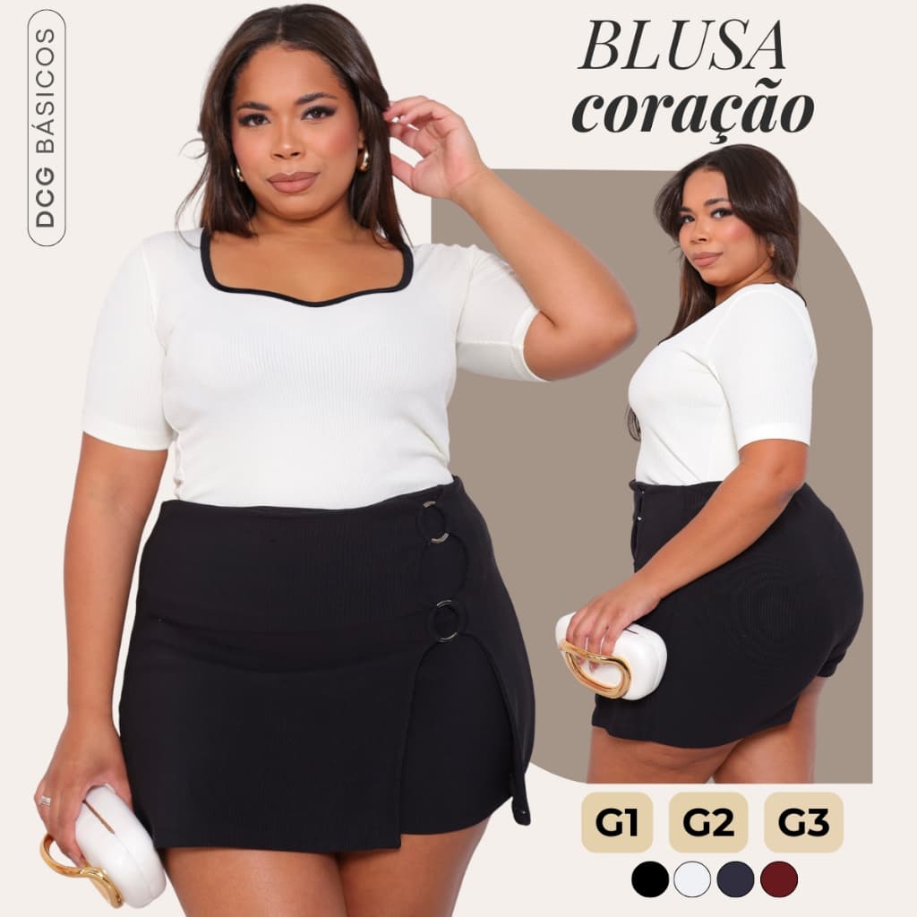 Blusa Feminina Decote Coração Plus Size Manga Curta Tecido Anarruga Premium G1 ao G3
