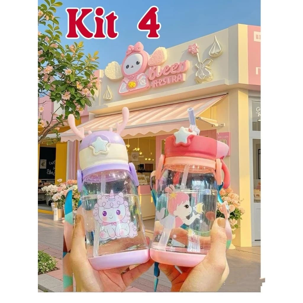 KIT1~KIT4 Garrafa De Alce Água Infantil Criança Portátil Com Canudo Desenho Fantasia Para Meninas ou Meninos 600ML
