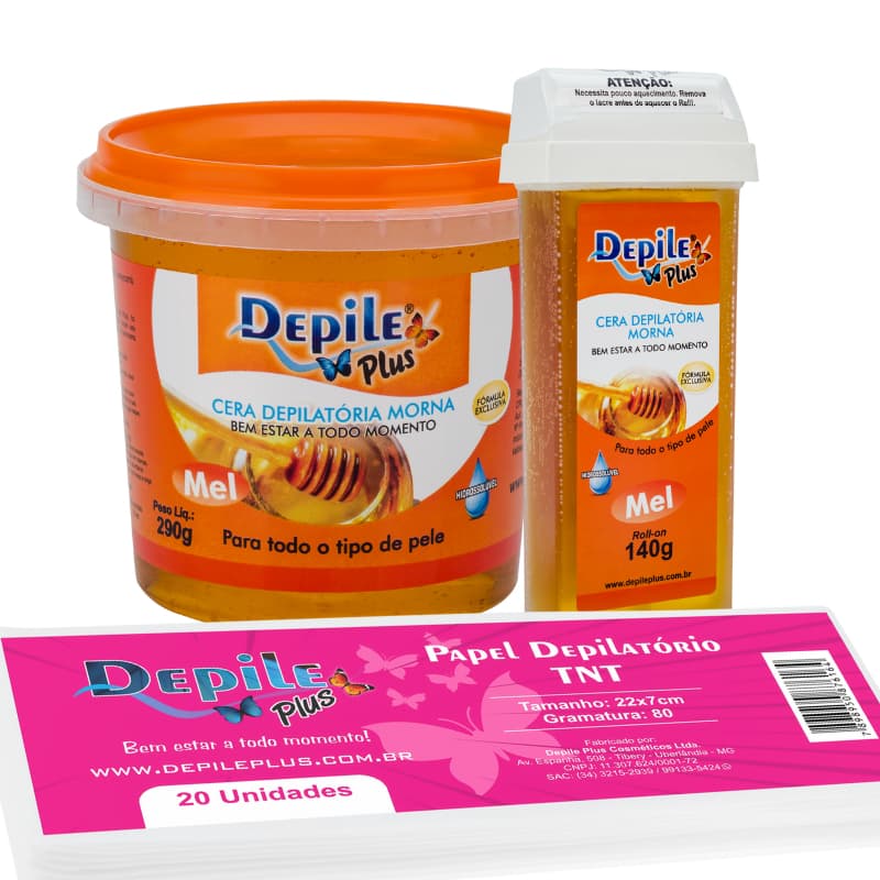 Kit Cera Hidrossolúvel 290g + Cera Roll-on 140g + Papel Depilatório TNT 20 unidades Depile Plus