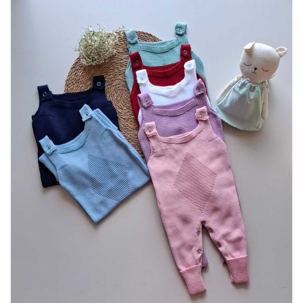 Jardineira Tricot Losango Verão  Bebê Saída Maternidade Tricô Menino Menina Salopete Recém Nascido
