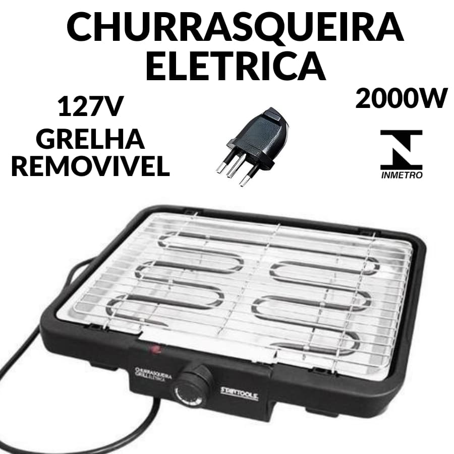 Churrasqueira Eletrica 40,7x34,5cm 127v 220V 2000W Grelha Removive Regulador Temperatura Sem Fumaça