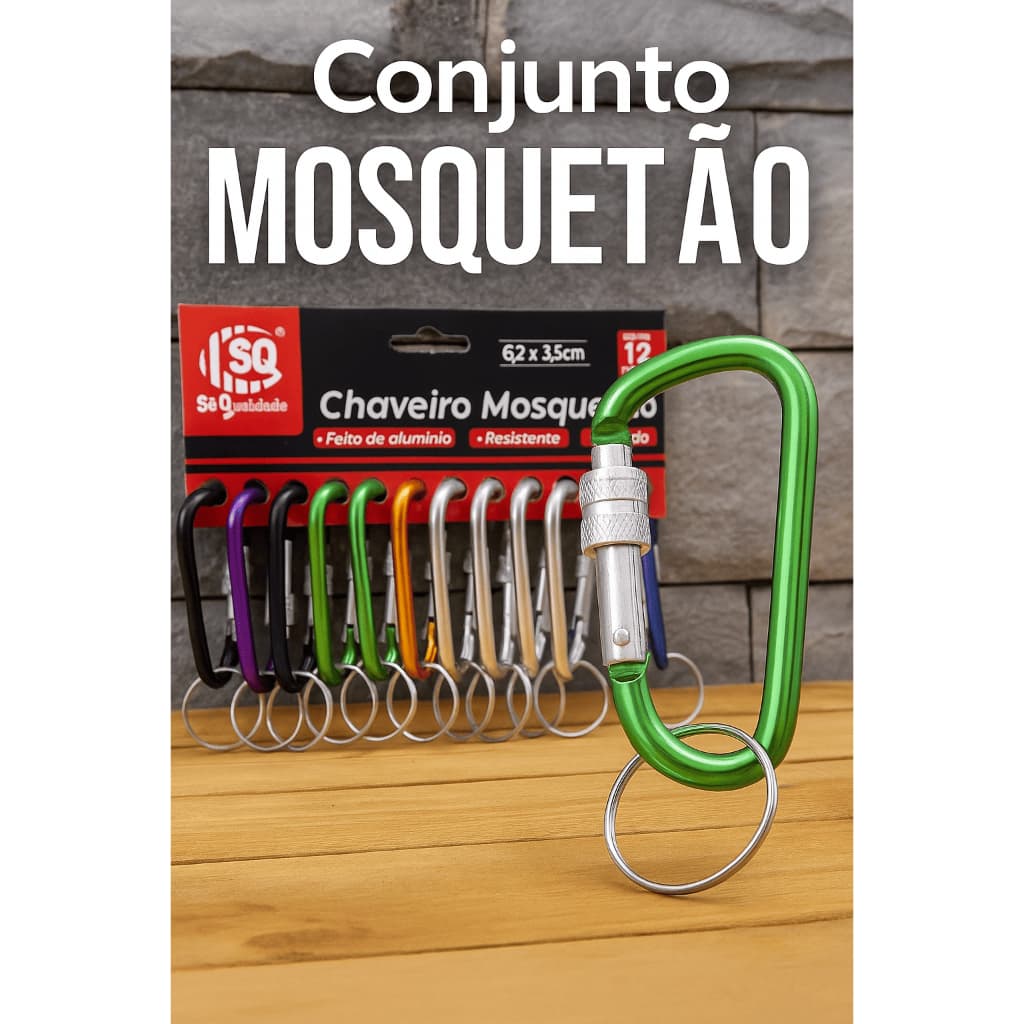 Kit 12 Chaveiros Mosquetão Com Travas Resistentes Cores Sortidas Mosquetão de Aço Resistente