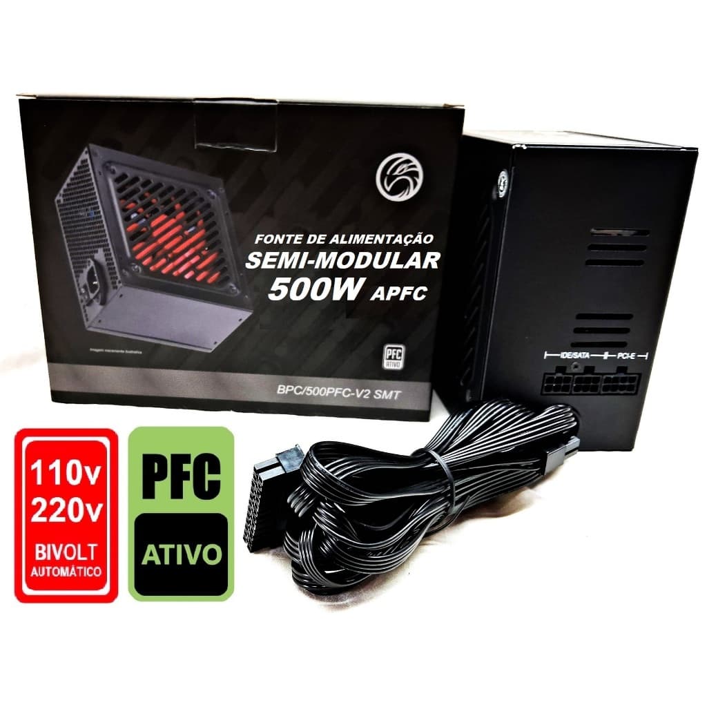 Fonte 500w PFC SEMI MODULAR BIVOLT AUTOMÁTICO Pci-e 8 Pinos 6+2 Pl Vídeo Silenciosa real ativo