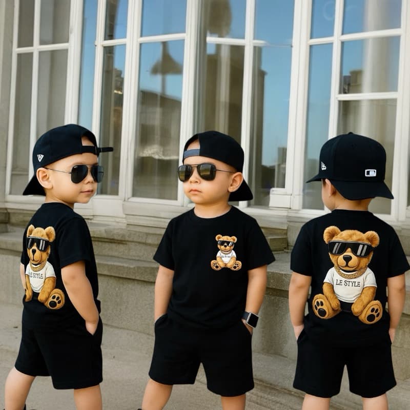 Roupa confortável infantil menino e menina kit peças camiseta + bermuda com estampa urso frente e costas estiloso