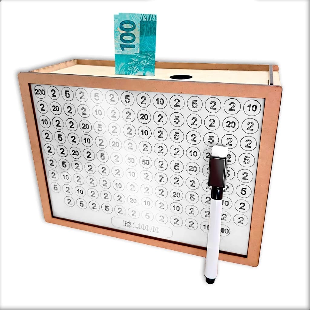 Cofre Decorativo MDF Frente Transparente com Caneta Guardar Dinheiro e Metas