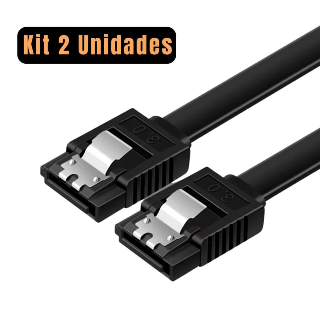 Kit 2 Cabos SATA 3.0 6Gb/s para HD SSD — 40cm — 2 Cabo Reto — Com Trava Preto