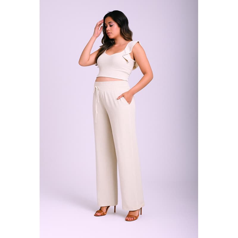 Calça pantalona tecido toque de linho com cos elástico pra grávida