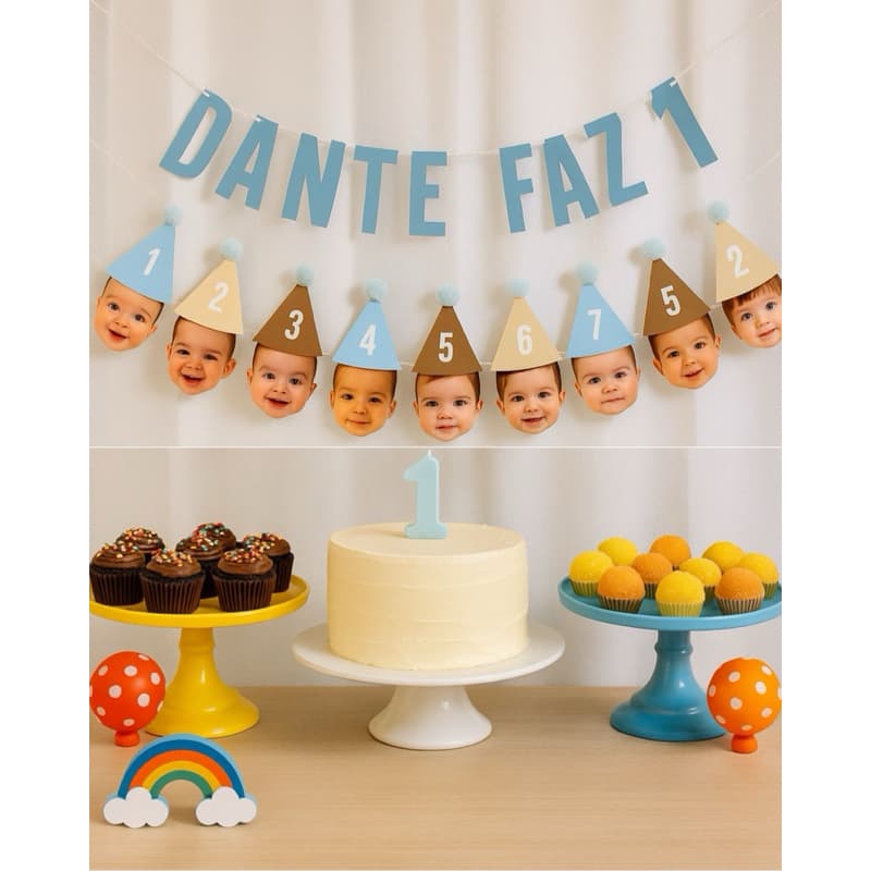 Varal com rostinhos personalizados para aniversário - varal com rosto e chapéu