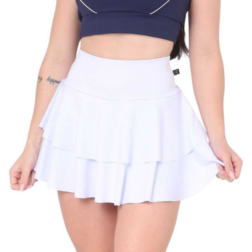 Saia Short Cintura Alta Dupla Camada Com Babados Suplex Fitness/Academia Tendência