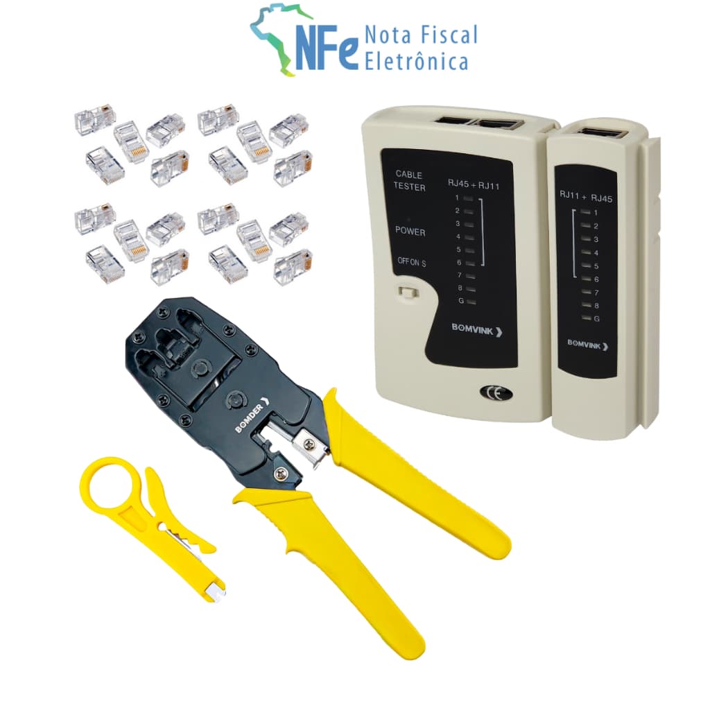 Kit Testador de Cabo de Rede RJ45 RJ11 Alicate de Crimpar Decapador com 20 Conectores RJ45