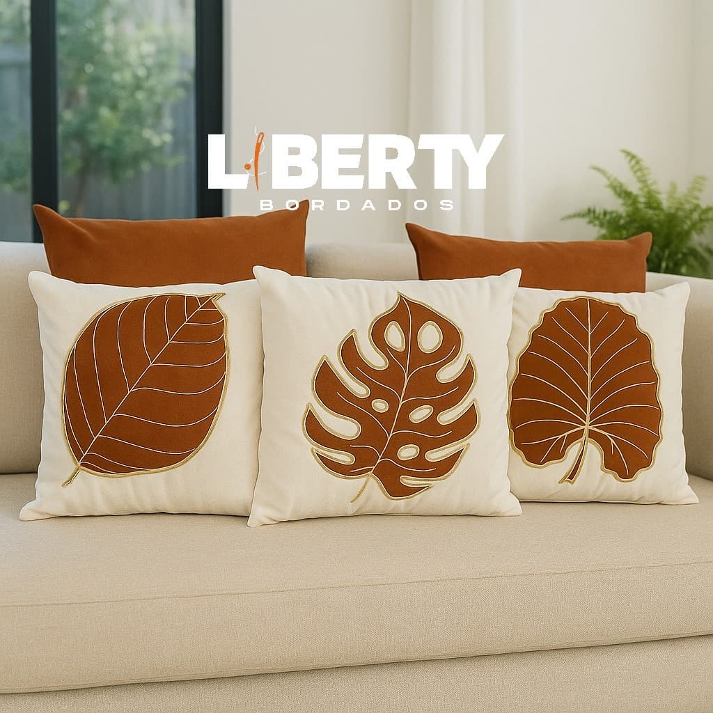 Kit de Capa de Almofada Bordada Suede - Folhas Costela de Adão - Escolha Sua Combinação