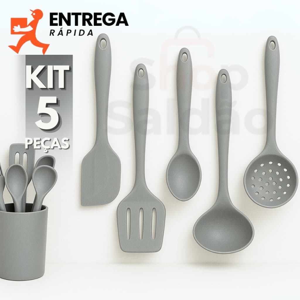Kit 5 Utensílios de Silicone Concha Escumadeira Colher de Arroz Espátula Pão Duro Espátula Vazada