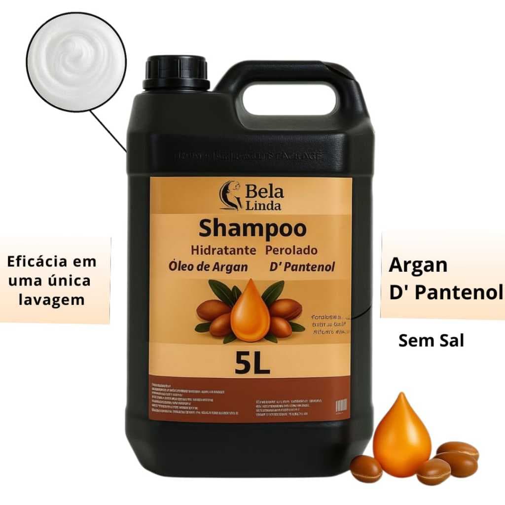 Shampoo Profissional 5L Óleo de Argan D-Pantenol Hidratante Perolado Sem Sal Low Poo Cabelos Salão