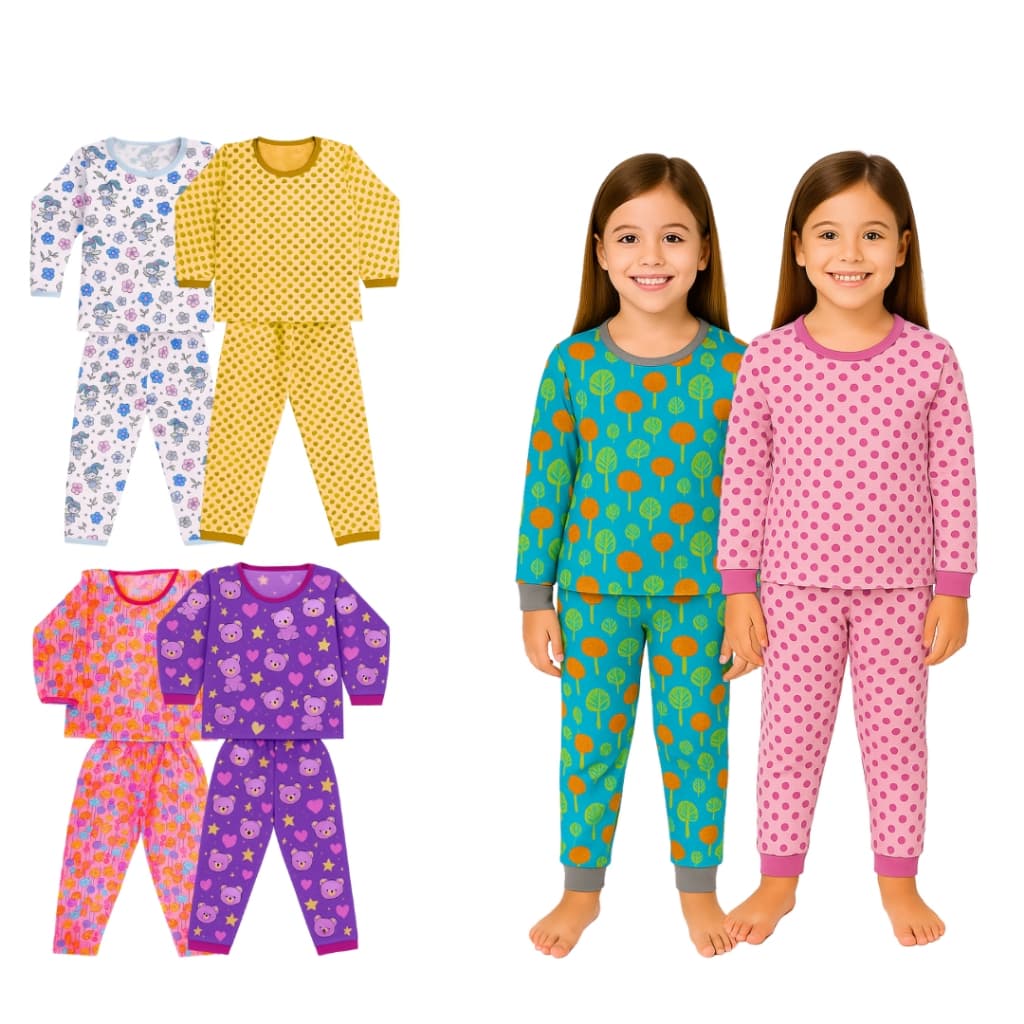 Super Kit 10 Pijamas Infantis Femininos – 5 Blusas de Manga Longa + 5 Calças para Noites