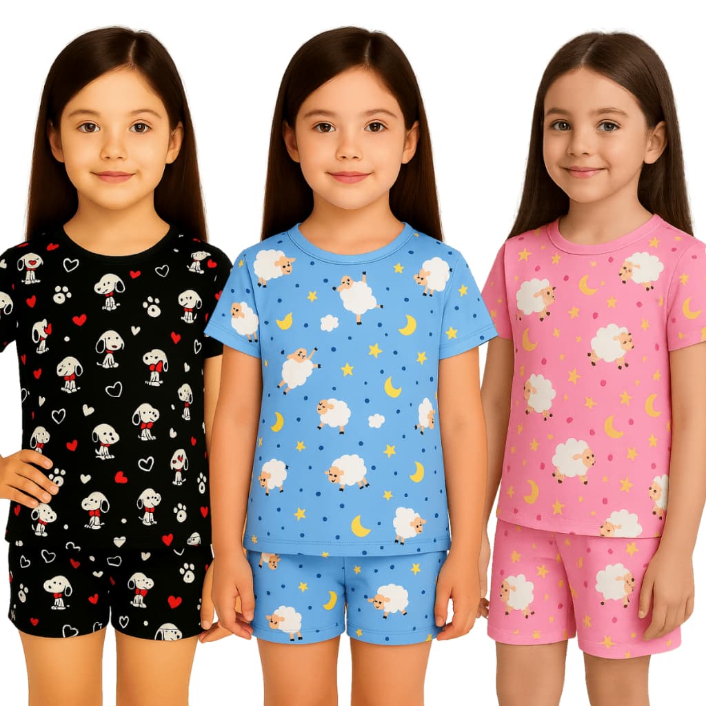 Pijama Infantil Suede Menina Curto Manga Curta E Calça Short Confortável Estampado Verao