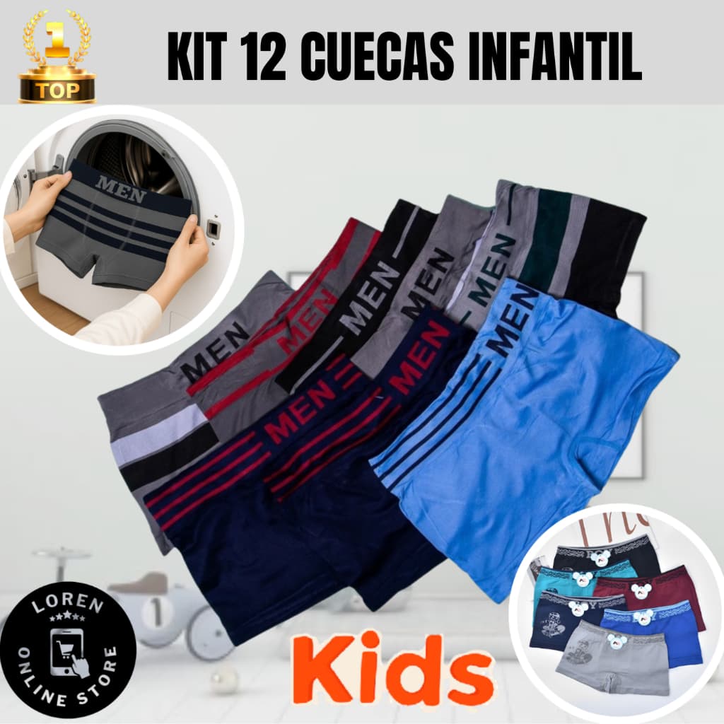 Kit 12 Cuecas Box Boxer Infantil Juvenil MEN Criança Bebê Masculino Tam 02 a 10 Anos